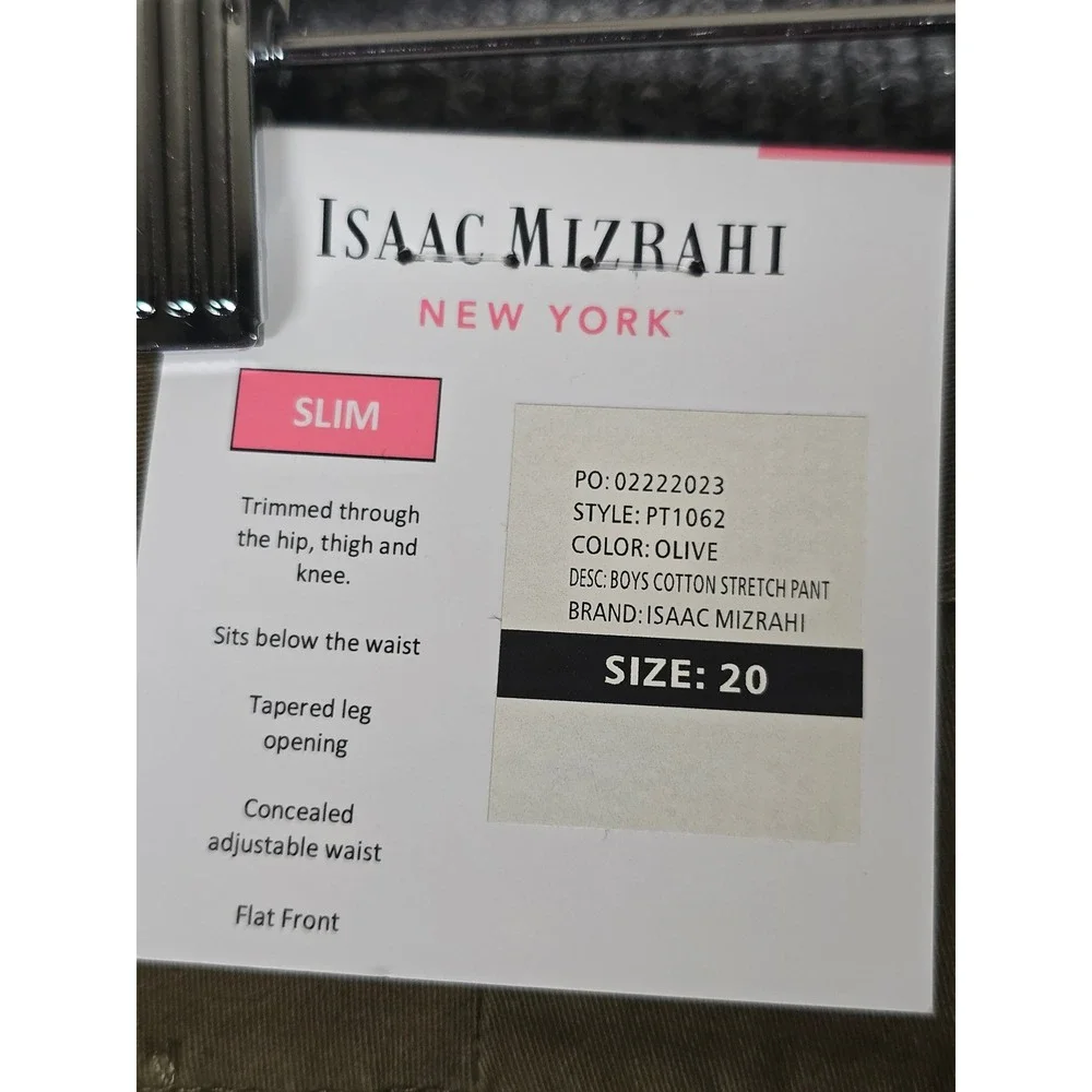 Isaac Mizrahi New York Boys Olive Cotton Stretch Slim Fit Flat Front Pants Sz 20